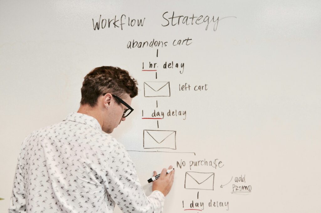 a man writing on the whiteboard
