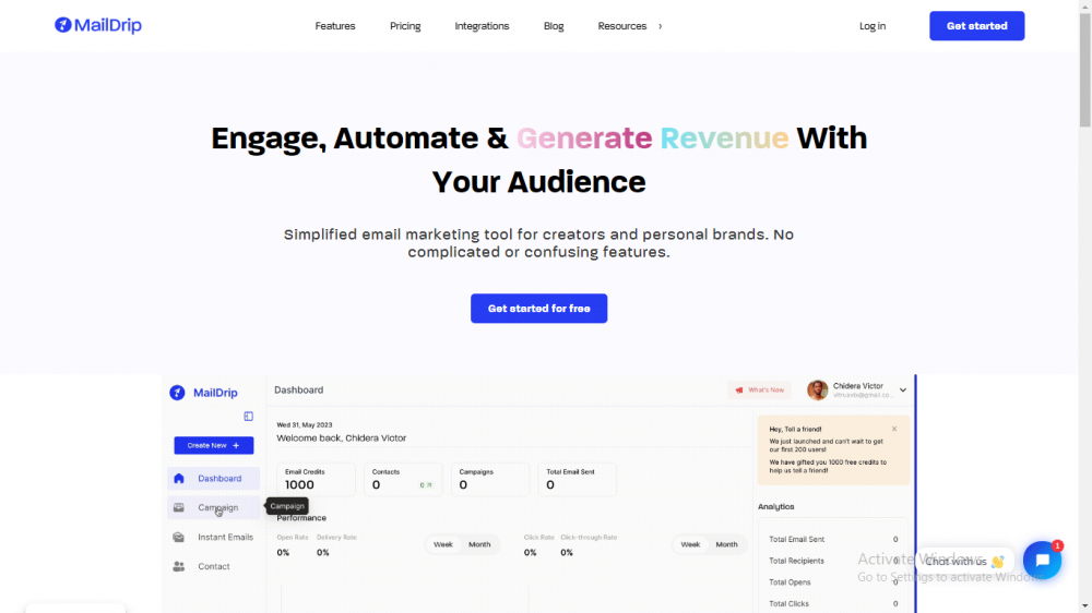 Screenshot of the Maildrip homepage